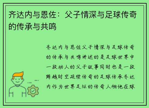 齐达内与恩佐：父子情深与足球传奇的传承与共鸣