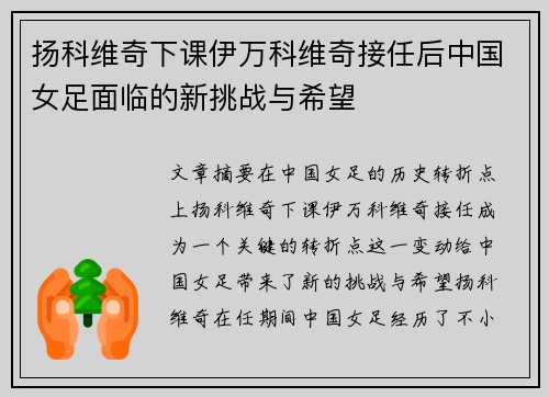 扬科维奇下课伊万科维奇接任后中国女足面临的新挑战与希望