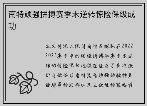 南特顽强拼搏赛季末逆转惊险保级成功 南特顽强拼搏赛季末逆转惊险保级成功